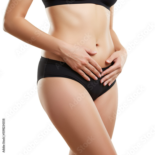 Photo of Woman in Black Underwear Holding Stomach