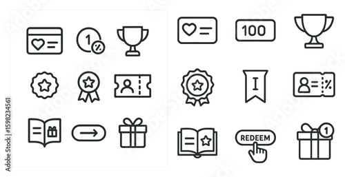 Loyalty programs outline icons set – rewards, membership, perks symbols