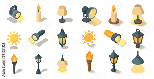 Lighting and lamps isometric icons set – lanterns, torches, candlelight designs