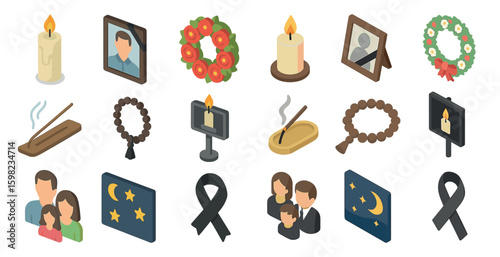 Memorial and remembrance icons set – isometric, funerary, tribute symbols