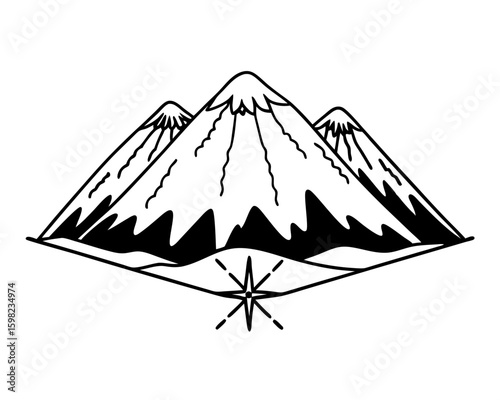 Geometric mountain range with compass rose silhouette
