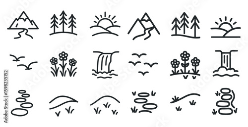 Nature and landscape icons set – outline, linear, environment and scenery symbols