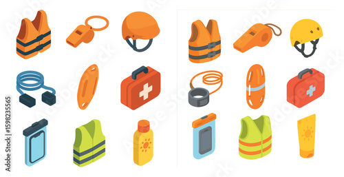 Safety equipment icons set – isometric, flat, protection and emergency symbols