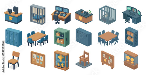 Prison and security isometric icons set – flat, filled, jail and law enforcement symbols