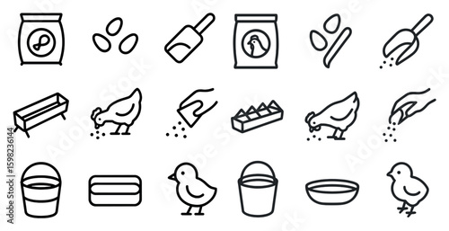 Poultry farming line icons set – outline, agriculture, chicken raising designs