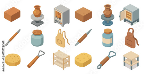 Pottery and sculpting icons set – isometric, ceramics, craft symbols for design