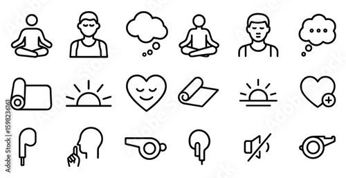 Meditation and wellness line icons set – outline, yoga, mindfulness symbols