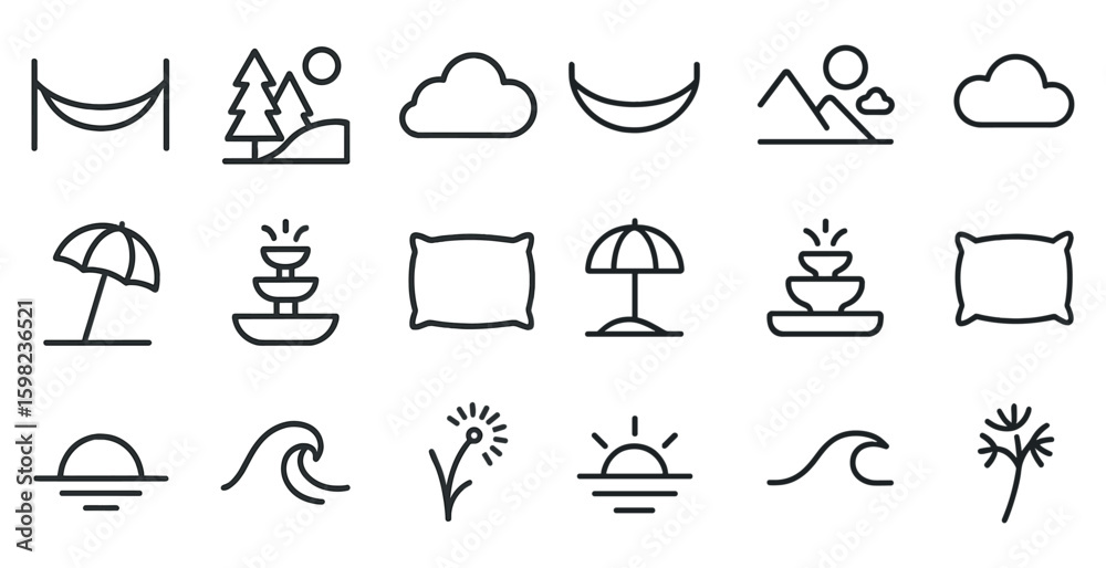 Fototapeta premium Relaxation and leisure outline icons set – flat, minimalist, spa and wellness graphics
