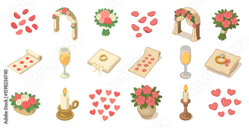 Wedding and romance isometric icons set – celebration, love, matrimonial symbols