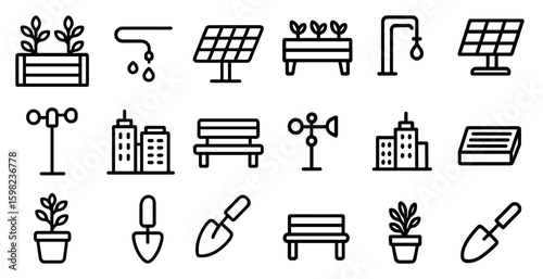 Sustainable energy and gardening icons set – outline, linear, eco-friendly symbols