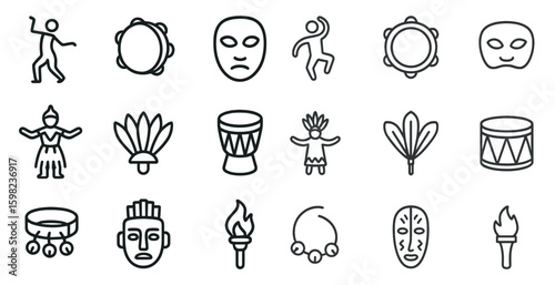 African culture outline icons set – tribal, traditional, heritage symbols
