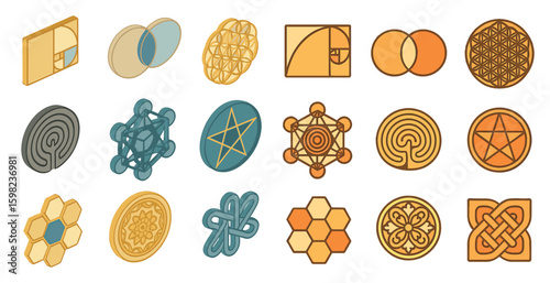 Sacred geometry outline icons set – mystic, spiritual, religious symbols collection
