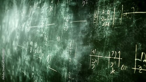 Close-up of a chalkboard covered in mathematical equations.