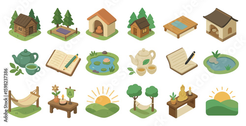Nature and lifestyle icons set – isometric, cabins, tea, and relaxation symbols