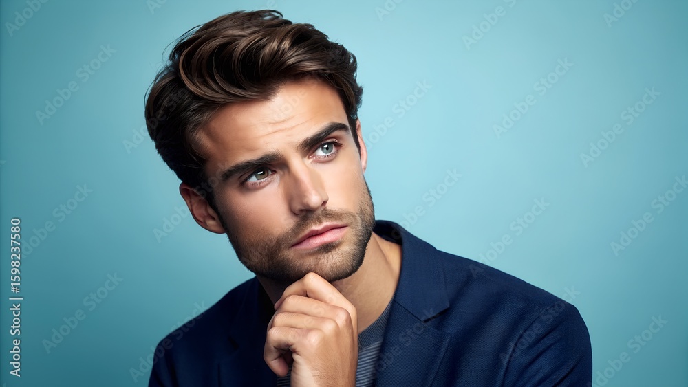 Fototapeta premium Young handsome man feeling serious, thoughtful and concerned, staring sideways with hand pressed against chin against blue background 