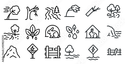 Environment and nature outline icons set – line, silhouette, ecosystem symbols