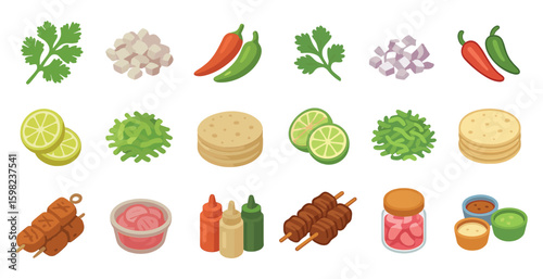 Mexican cuisine icons set – flat, traditional food and cooking symbols
