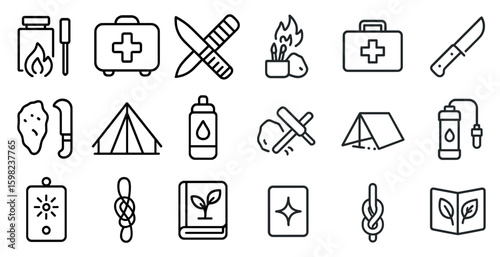 Camping and outdoor outline icons set – linear, line, adventure and nature symbols