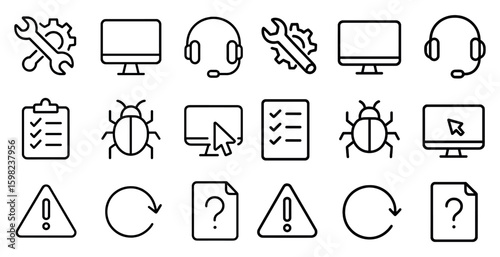 Customer support linear icons set – outline, help, troubleshooting symbols