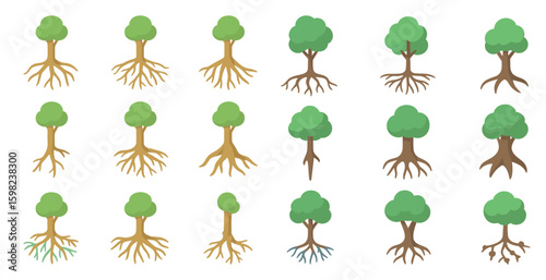 Tree and roots icons set – flat, filled, nature and organic symbols