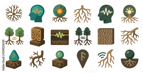 Neurobiology icons set – flat, filled, brain and neural network symbols