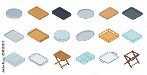 Kitchenware and utensils isometric icons set – 3d, cookware, tableware essentials