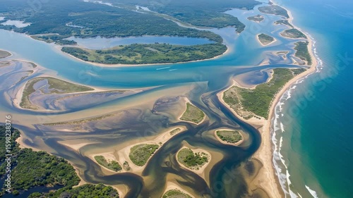 Stunning aerial view of a river delta meeting the ocean. Intricate waterways, sandbanks, and lush green islands create a beautiful coastal landscape.