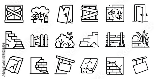Urban decay outline icons set – silhouette, linear, cityscape and abandoned symbols