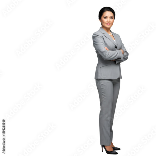 Portrait of Confident Businesswoman Gray Suit on White Background