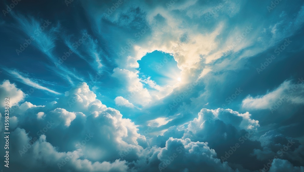 Fototapeta premium Clouds and the bright sun through a hole in the sky.
