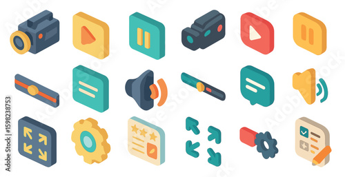 Multimedia and music isometric icons set – 3d, audio, video interface elements