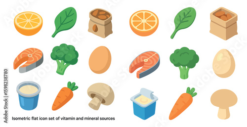 Vitamin and mineral sources icons set – isometric, flat, nutrition symbols