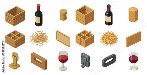 Wine and beverage isometric icons set – bottles, corks, packaging essentials