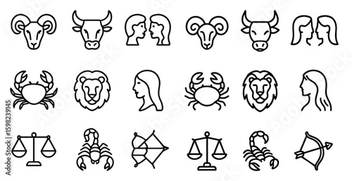 Zodiac and astrology line icons set – horoscope, outline, star signs symbols