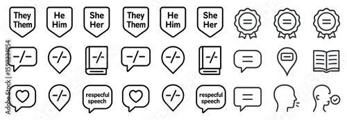 Pronouns and inclusive language outline icons set – linear, gender, communication symbols