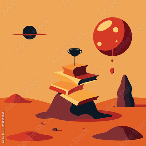 Surreal Martian Landscape with Stack of Books and Coffee CuP