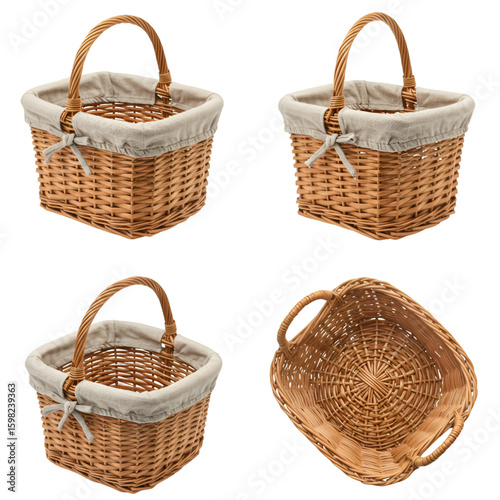 Isolated Set of Four Empty Wicker Picnic Baskets with Fabric Lining