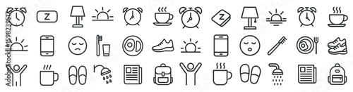 Daily activities outline icons set – linear, minimalist, routine and lifestyle symbols