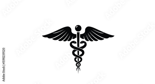 Black and white vector illustration of a caduceus symbol, featuring two snakes entwined around a winged staff.