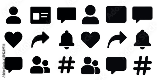 Social media solid icons set – silhouette, filled, communication symbols