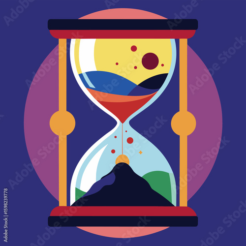 Dynamic Hourglass with Abstract Landscape and Flowing Colors Illustration
