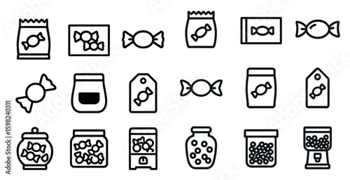 Candy and sweet treats outline icons set – linear, filled, confectionery symbols