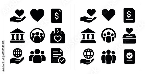 Charity and donation filled icons set – solid, silhouette, giving and philanthropy symbols