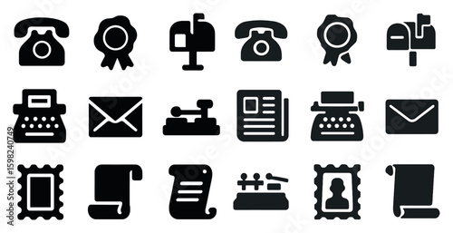Vintage communication solid icons set – filled, retro, classic mail and phone symbols