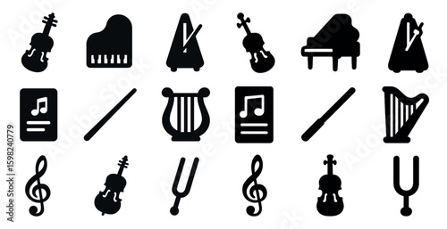 Musical instruments solid icons set – filled, orchestra, band visuals