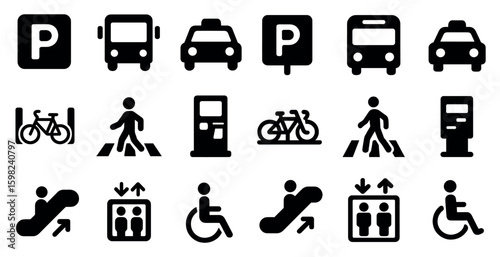Transportation and travel symbols icons set – solid, filled, commuting and mobility essentials