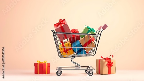 A shopping cart filled with vibrant gift boxes, illustrating the convenience of online shopping.