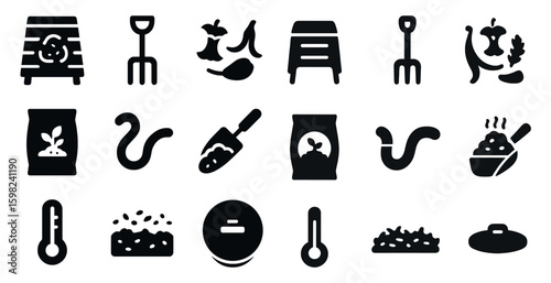 Composting and gardening icons set – solid, silhouette, eco-friendly symbols for nature