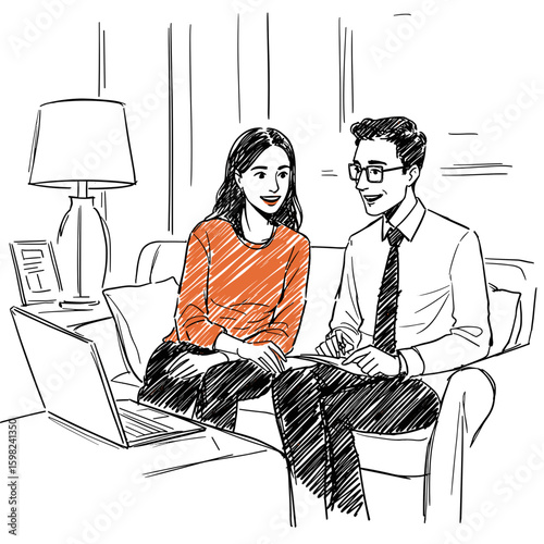 Man and woman discussing ideas while sitting on sofa at home  