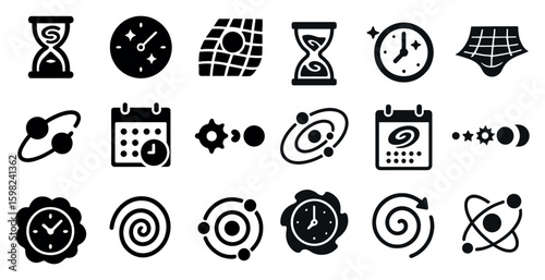 Time and science solid icons set – filled, clock, astronomy elements